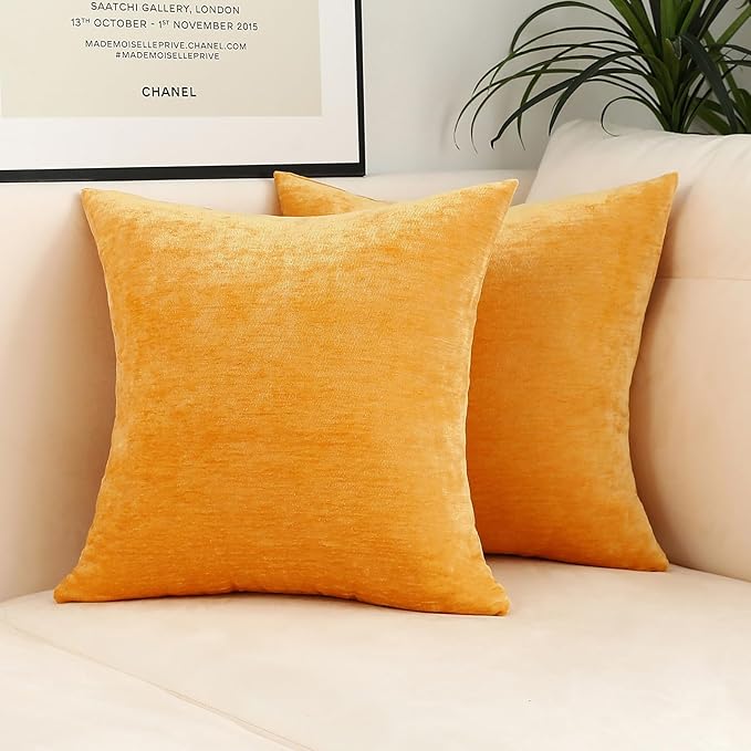 Jeneoo Gold Yellow Decorative Throw Pillow Covers Soft Chenille Comfy Solid Mustard Couch Cushion Case Decor (Set of 2, 18 x 18 Inches)
