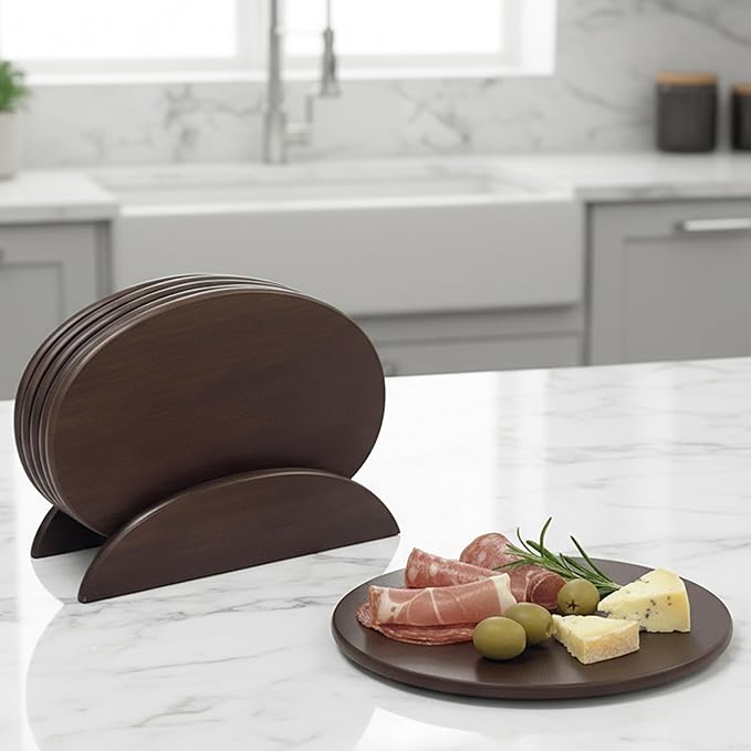 Woodard & Charles 6 Piece Wood Boards with Stand, Perfect for Serving, Sushi, Cheese, Hors d'oeuvre, Charcuterie, Sandwiches, 7 Piece Set, 9 1/2" x 6 1/2" (Walnut)