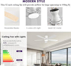 52inch Ceiling Fans with Lights, Low Profile Ceiling Fan with Light and Remote Control/APP Control, DC Reversible Motor, Noiseless, Flush Mount White Ceiling Fan for Bedroom, Indoor/Outdoor Use