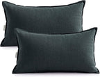 Jeanerlor Natural Cotton Linen Green Decorative 12"x20" Throw Pillow Case Cushion Cover with Twin Needles Stitch on Edge for Lumbar, (30 x 50cm), 2 Pcs, Dark Green