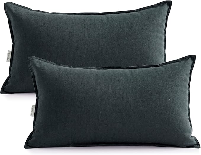 Jeanerlor Natural Cotton Linen Green Decorative 12"x20" Throw Pillow Case Cushion Cover with Twin Needles Stitch on Edge for Lumbar, (30 x 50cm), 2 Pcs, Dark Green