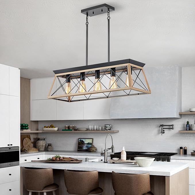 HuixuTe 5-Light Farmhouse Dining Room Chandelier Over Table, Rustic Kitchen Island Lighting, Adjustable Height Pendant Light for Kitchen, Dining Room Table Rustic Wood