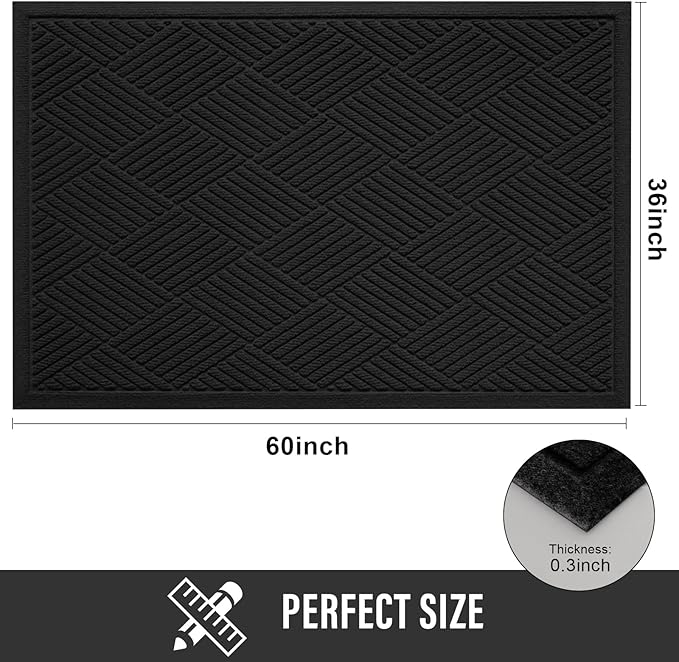 Sturdy Front Door Mat, Absorbent Muddy Dirt Resist Welcome Door Mats Outdoor Indoor, Stain and Fade Resistant, Non-Slip Rubber Backing Low Profile Doormat for Entryway, 60×36, Black
