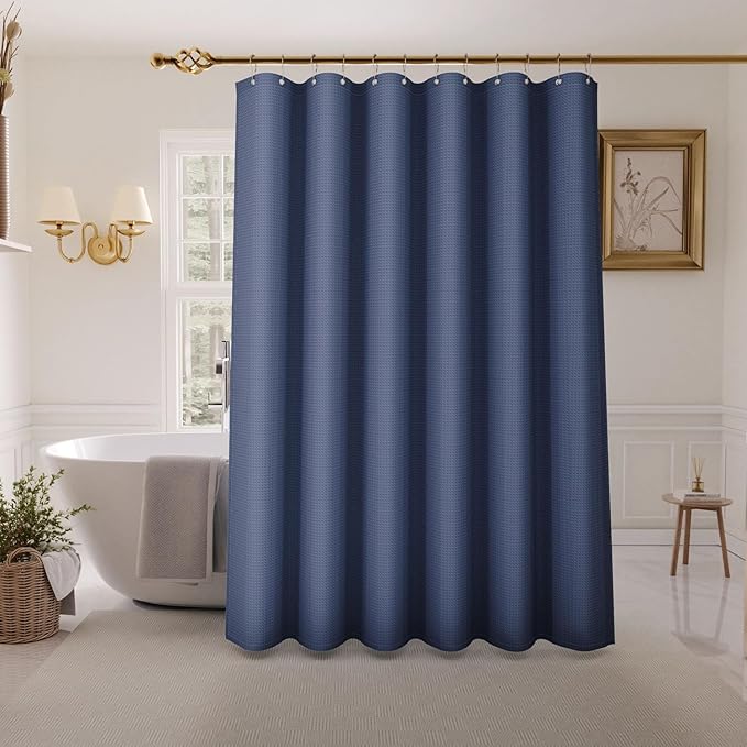 Inhousolu Fabric Shower Curtain Waffle Weave, Navy Blue 230 GSM Heavy Duty, Weighted Hem, 14 Metal Hooks, Water Repellent, Machine Washable, Hotel Spa Luxury Bath Curtain Set, 72 x 84 Inch