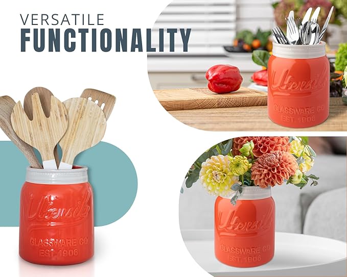 Comfify Wide Mouth Mason Jar Utensil Holder Decorative Kitchenware Organizer Crock, Dishwasher Safe - Kitchen Caddy, Large Size 7" High - Coral