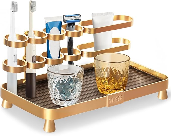 YUPER Bathroom Countertop Organizer, Vanity Organizer With Makeup Brush Holder, Countertop Tray for Skincare, Perfume, Cosmetics, Toothbrush, Toothpaste, Mouthwash