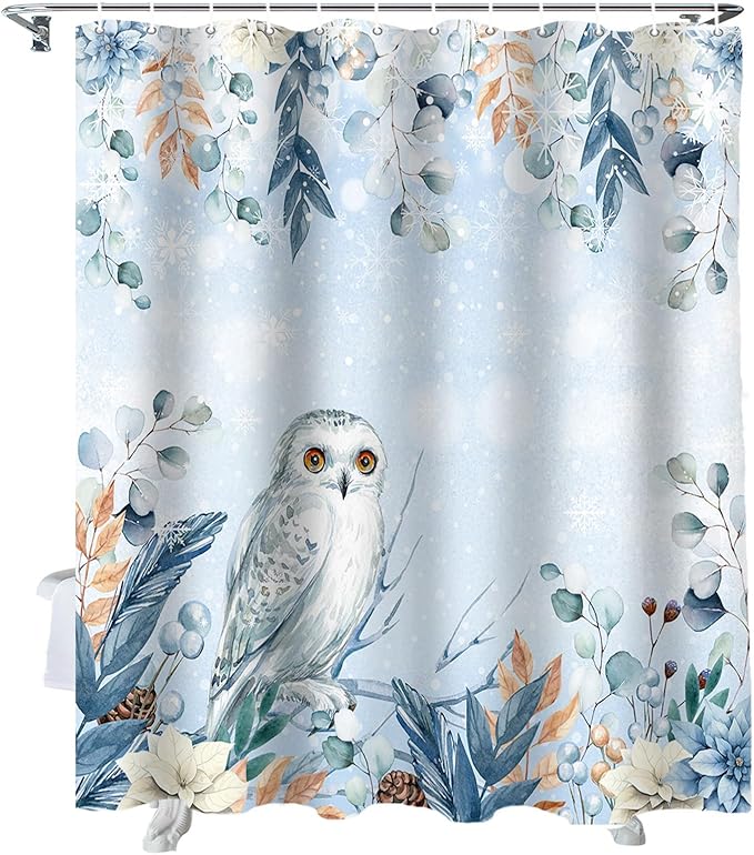 Vandarllin Blue Christmas Shower Curtain, Winter Snowy Owl Poinsettia Eucalyptus Leaves Shower Curtains Set with Hooks, Waterproof Fabric Bathroom Curtains Decor Home Accessories,Stall 36 X 72 Inch