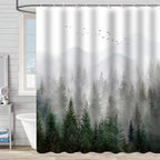 Green Misty Forest Shower Curtain Pine Tree Mountain Nature Woodland Bathroom Curtains Waterproof Polyester Fabric Bath Curtain 72 x 72 Inch with 12 Hooks
