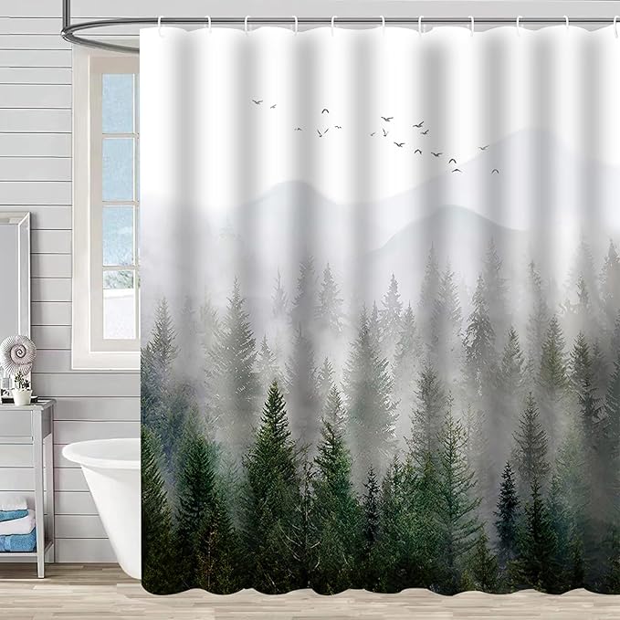 Green Misty Forest Shower Curtain Pine Tree Mountain Nature Woodland Bathroom Curtains Waterproof Polyester Fabric Bath Curtain 72 x 72 Inch with 12 Hooks