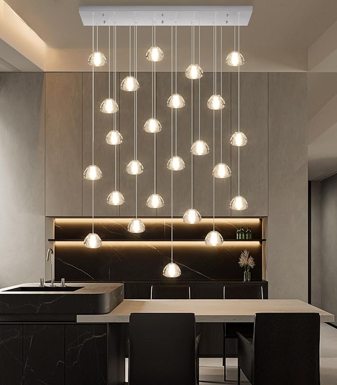 24-Lights Modern Rectangular Crystal Chandelier LED Raindrop Ceiling Pendant Light Crystal Lighting Fixture for Living Room Hotel Staircase Hallway Foyer Entryway Bedroom Silver