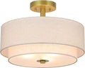 XiNBEi Lighting 3 Light Semi Flush Mount Light, Close to Ceiling Light Fixture with Fabric Shade Retro Gold Brass 16 inch Semi Flush Drum Light for Bedroom & Living Room XB-SF1289-GB