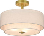 XiNBEi Lighting 3 Light Semi Flush Mount Light, Close to Ceiling Light Fixture with Fabric Shade Retro Gold Brass 16 inch Semi Flush Drum Light for Bedroom & Living Room XB-SF1289-GB