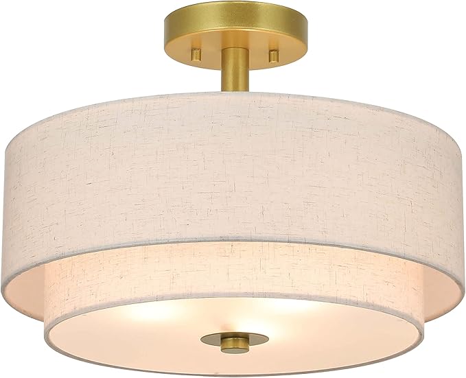 XiNBEi Lighting 3 Light Semi Flush Mount Light, Close to Ceiling Light Fixture with Fabric Shade Retro Gold Brass 16 inch Semi Flush Drum Light for Bedroom & Living Room XB-SF1289-GB