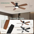 52inch Ceiling Fans with Lights, Low Profile Ceiling Fan with Light and Remote/APP Control, DC Reversible Motor, Noiseless, Flush Mount, Brown Ceiling Fan for Bedroom Indoor/Outdoor Use