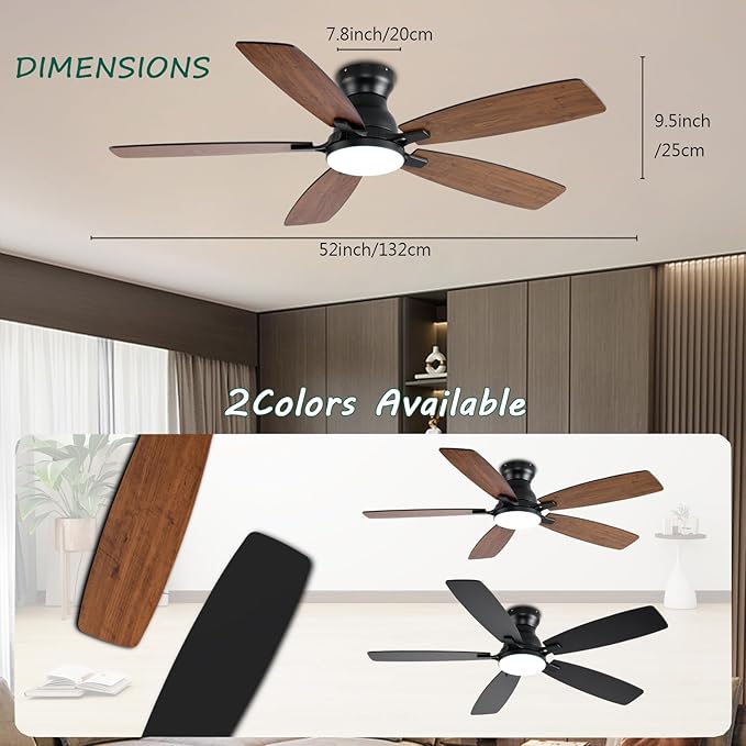 52inch Ceiling Fans with Lights, Low Profile Ceiling Fan with Light and Remote/APP Control, DC Reversible Motor, Noiseless, Flush Mount, Brown Ceiling Fan for Bedroom Indoor/Outdoor Use