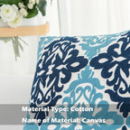 HWY 50 Blue Decorative Throw Pillow Covers 18x18 Inch (1 Piece), Embroidered Cotton Farmhouse Cushion Cover Pillow Case for Sofa Couch Living Room Bed Bedroon, Floral Geometric