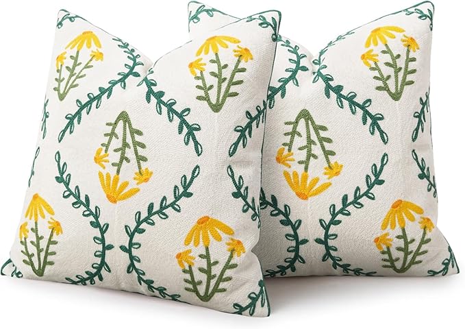 Adabana Embroidered Pillow Cover Set of 2 Farmhouse Decorative Floral Throw Pillow Covers 18x18 inch for Couch Sofa Bed Living Room Decor Green and Yellow