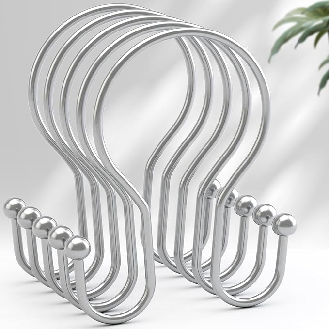 AmazerBath Chrome Shower Curtain Hooks Shower Curtain Rings, Simple Double Sided Shower Curtain Hooks Rust Proof, Smooth Glide Metal Shower Hooks for Shower Curtain Rod, 12 Pcs Shower Rod Hooks