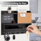 Key Holder for Wall Mount with Mail Organizer, Farmhouse Key Holder for Wall with Shelf, Chalkboard&Corkboard, Entryway Organizer 11 Metal Hooks, Decorative Natural Pine Wood, 14.6*11.1*3.3”, B-Black