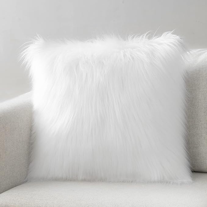Phantoscope Faux Fur Solid Decorative Pillow Cover Fluffy Throw Pillow Mongolian Luxury Fuzzy Pillow Case Cushion Cover for Bedroom and Couch, True White 24 x 24 Inches, Pack of 1