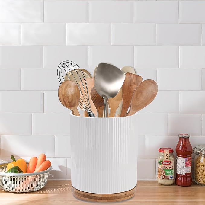 QUELIEN 360° Rotating Kitchen Utensil Holder for Countertop, Large Ceramic Utensil Crock Organizer with Non-Scratch Cork Base, Farmhouse White Cookware Storage Jar, Ideal Housewarming Gift