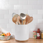 QUELIEN 360° Rotating Kitchen Utensil Holder for Countertop, Large Ceramic Utensil Crock Organizer with Non-Scratch Cork Base, Farmhouse White Cookware Storage Jar, Ideal Housewarming Gift