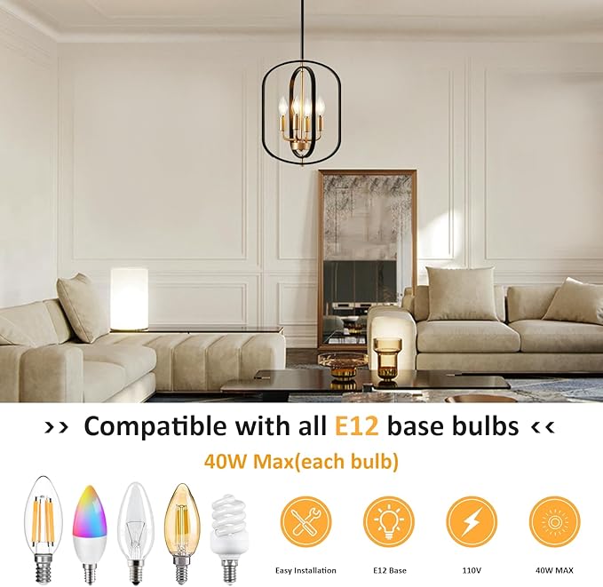 Black and Gold Chandelier for Dining Room, 4 Light Farmhouse Entryway Light Fixture, Adjustable Modern Farmhouse Chandelier Light Rustic Small Kitchen Chandelier for Entryway, Living Room, Foyer