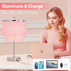Pink Lamp for Girls Room, 3-Way Dimmable Touch Lamps with USB Port, Girls Lamp with Tassel Lampshade, Pink Table Lamp for Bedroom, Living Room, Dresser, Nightstand, LED Bulb Included