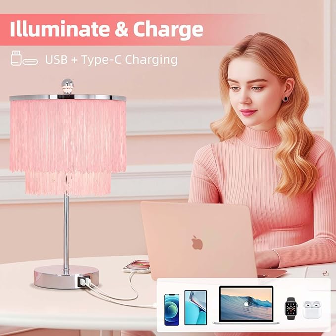 Pink Lamp for Girls Room, 3-Way Dimmable Touch Lamps with USB Port, Girls Lamp with Tassel Lampshade, Pink Table Lamp for Bedroom, Living Room, Dresser, Nightstand, LED Bulb Included