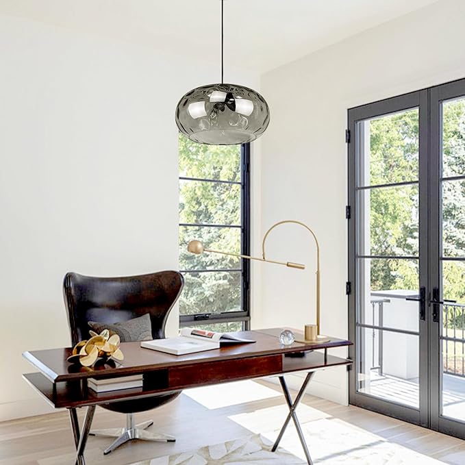 Large Glass Pendant Lighting, 14" Hammered Lampshade Hanging Lamp, 3-Light Matte Black Chandelier for Dining Living Room Kitchen Island (Smoked Grey Glass Shade, 14 Inches)