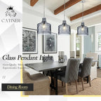 16" Extra Large Farmhouse Pendant Light – Hand-Blown Smoked Gray Hammered Glass Shade, Polished Chrome Finish, Adjustable Chain Hanging Light Fixture for Kitchen Island, Dining Room, Hallway