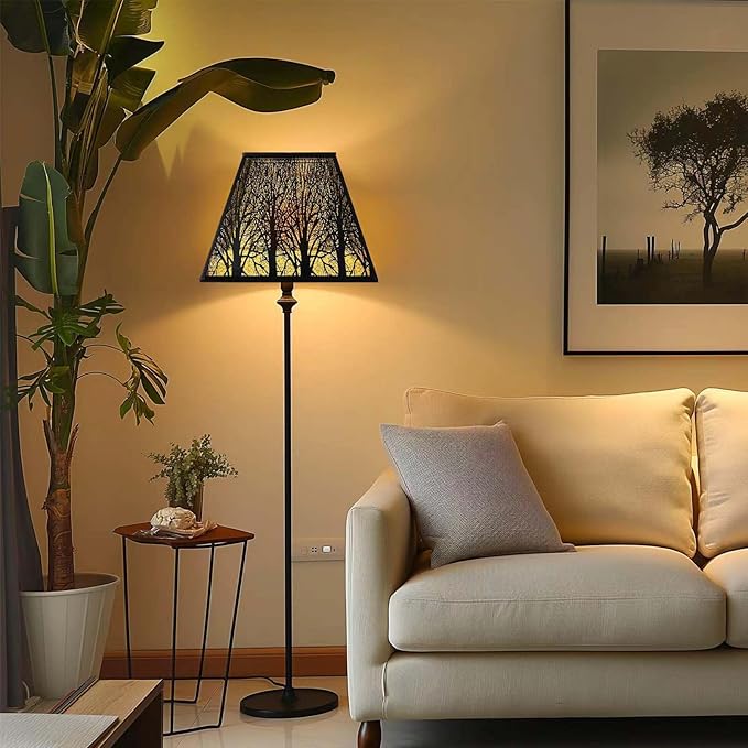 Large Metal Lampshade New Pyramid Shape Design 8'' Top 14'' Bottom 11'' Height ALUCSET Square Bell Shade Lamp Shade Forest Design Black and Gold fits for Table Lamps and Floor Lamps