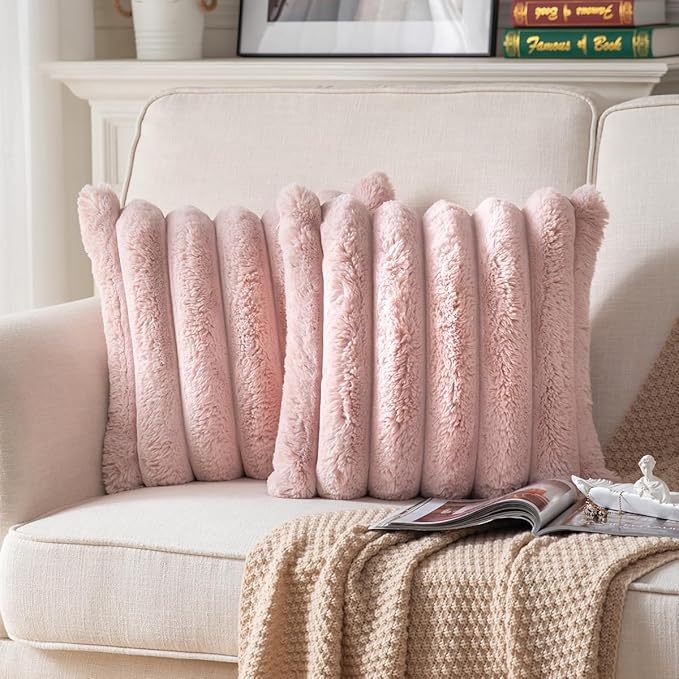 Faux Fur Plush Throw Pillow Covers 18x18 Inch Set of 2 - Luxury Decorative Fuzzy Striped Soft Cozy Pillowcase for Couch, Sofa, Living Room - Pink