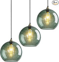 Gray Green Glass Pendant Lights Kitchen Island Lighting Globe Pendant Light Fixtures Modern Pendant Lighting for Kitchen Island Bedroom Living Dining Room Light Fixture(9.84in, 3-Pack)