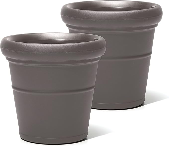 Step2 Claremont Tall Round Planter, Large Planters for Outdoor Plants, Gardening and Flower Pot for Patio or Porch, Efficient Drainage, Durable Plastic, Dark Cedar, 2-Pack