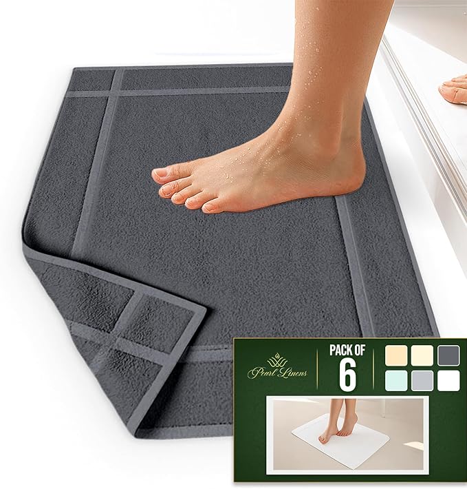 Pearl Linens Pack of 6 Washable Cotton Bath Mat 20X30– Soft & Absorbent, Quick-Dry Bathroom Mat Set – Not Bathroom Rugs – After Shower Mat, Terry Bath Tub Mat, 687 GSM Grey