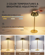 Cordless Table Lamp, Rechargeable, Touch control, 3 Color Temperature, Stepless Dimming, LED Memory Function, Portable, Battery Operated Lamp for Bedroom Restaurant Dinning Kitchen Bedside Nightstand