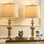 27.5" Farmhouse Table Lamps Set of 2 Bedside Nightstand Lamp with USB C+A Ports & AC Outlet, 3 Way Dimmable Touch Lamps for Bedroom Living Room Office Rustic Lamp (Gray)
