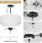 3 Light Double Drum Semi Flush Mount Ceiling Light, Close to Ceiling Light Fixture, 16 Inch with Fabric Linen Shade, Black Brass, for Living Room, Bedroom, Dining Room,Hallway and Entryway