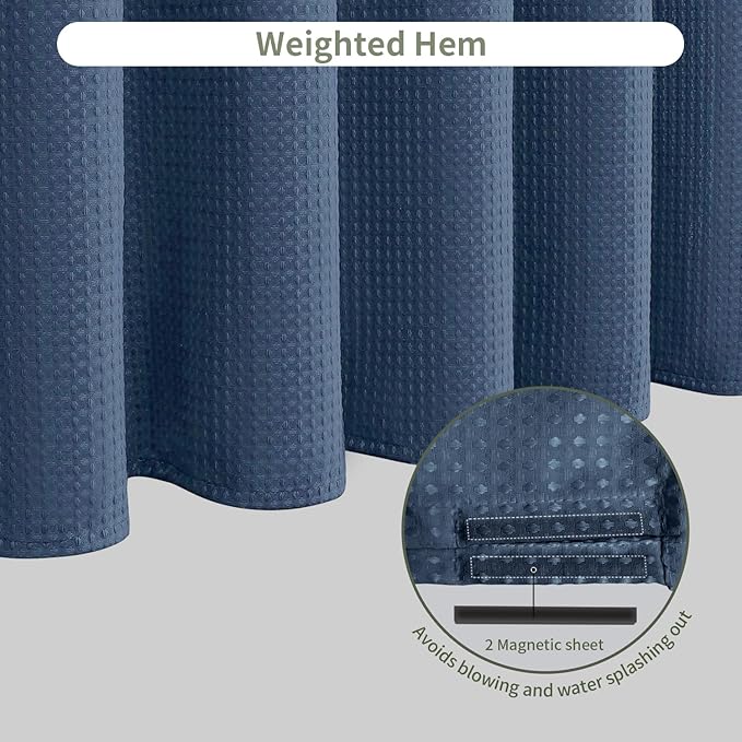 Inhousolu Fabric Shower Curtain Waffle Weave, Moonlight Blue 230 GSM Heavy Duty, Weighted Hem, 14 Metal Hooks, Water Repellent, Machine Washable, Hotel Spa Luxury Bath Curtain Set, 72 x 84 Inch