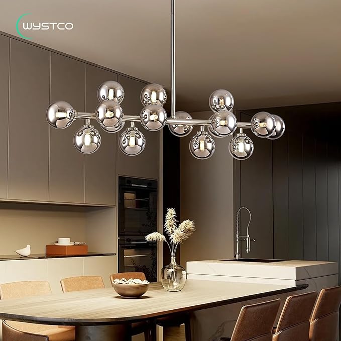 16-Light Globe Sputnik Chandelier, Mid Century Modern Light Fixture Over Table, Nickel Linear Chandeliers for Dining Room and Kitchen Island (Smoke Grey Glass Bubble Shades, 40 Inch)