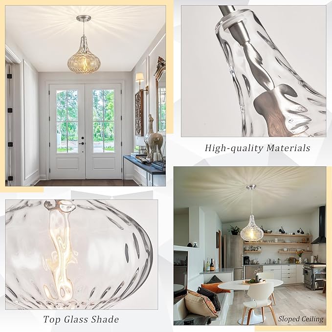 Glass Pendant Light Brushed Nickel 11-inch Hammered Pendant Lighting for Kitchen Island, Kitchen Sink, Hallway, Living Room