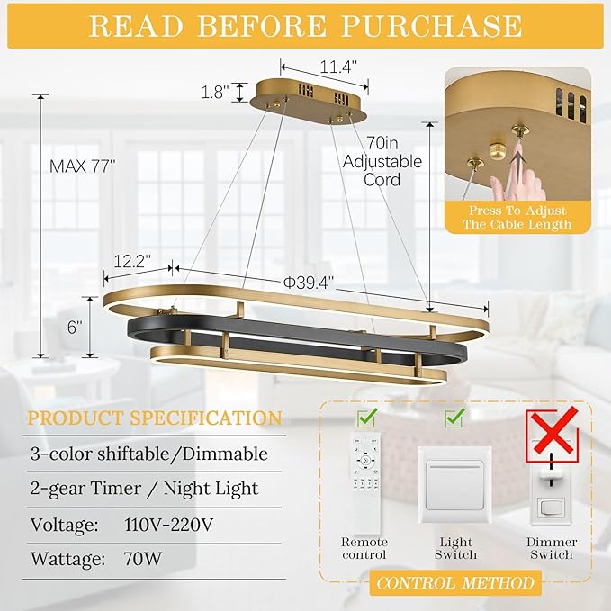 3 Ring LED Chandelier Black Gold Rectangular Chandeliers 39in Modern Oval Dining Room Chandeliers Over Table 70W Dimmable Rectangle Chandelier Light for Kitchen Island Study Room Home Office