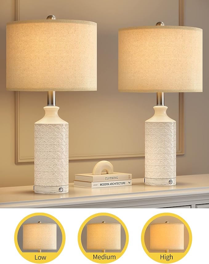 PoKat 24" Modern Contemporary Ceramic Lamp Set of 2 for Living Room White Desk Decor Lamps for Bedroom Farmhouse Bedside Nightstand End Table Lamps, White and Grey