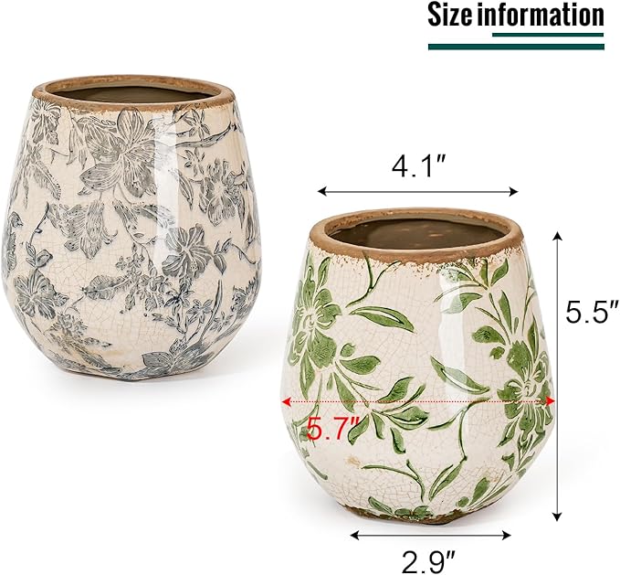 Sungmor Vintage Ceramic Planter Set of 3 - Decorative Indoor & Outdoor Flower Pots with Drainage Holes - Tuscan Décor Pots, 5.7" Ice Crackle Glaze Planters for Home, Kitchen, Patio, and Garden
