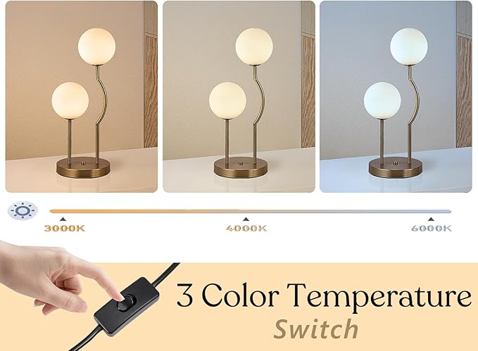 Mid Century Gold Globe Table Lamp 2-Light Orb Modern Beside Desk Table Light with Milk White Glass Shade Metal Base Nightstand Lamp for Bedroom Bedside