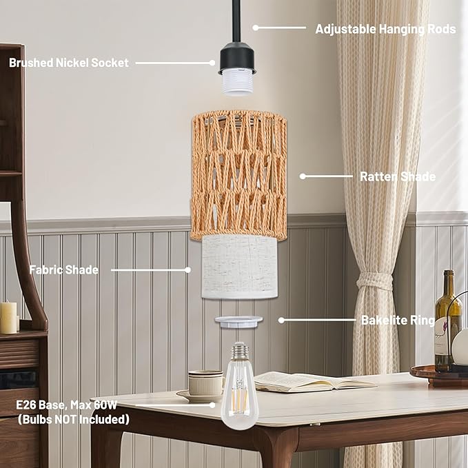 Pendant Lights for Kitchen Island, 3-in-1 Upgrade Larger Rattan Hanging Light Shade with Linen Shade, Adjustable Height Boho Hanging Lamp Fixture for Dining Room, Farmhouse, Bedroom (2 Pack)