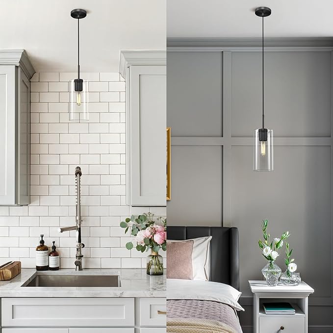 Modern Black Pendant Lights Kitchen Island 2 Pack Glass Pendant Light, 9.5in Farmhouse Clear Glass Cylinder Pendant Light Kitchen Pendant Lighting Over Island for Sink, Bathroom, Bar,Dining