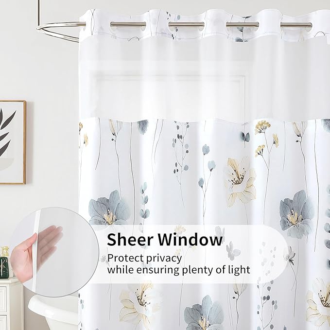 QiyI Stall Flower Shower Curtain with Snap in Liner, Grey Watercolor Floral Cloth Bath Curtains, No Hook Shower Curtains with Mesh Top Window, Fabric Waterproof Bathroom Curtain Set, 36 x 75 Inch