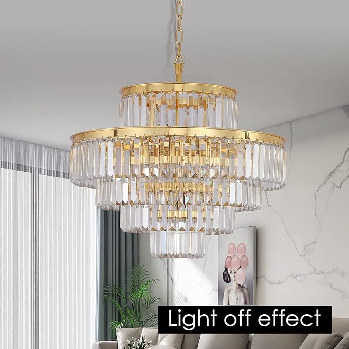 Gold Modern Style Crystal Chandeliers & LightsRound Hanging Classic, Pendant Ceiling Chandelier Lighting Fixture 5-Tier for Dining Room Living Room(Golden Orange,24 inch)